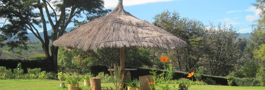 Thatched gazebo in the estate garden with highland views